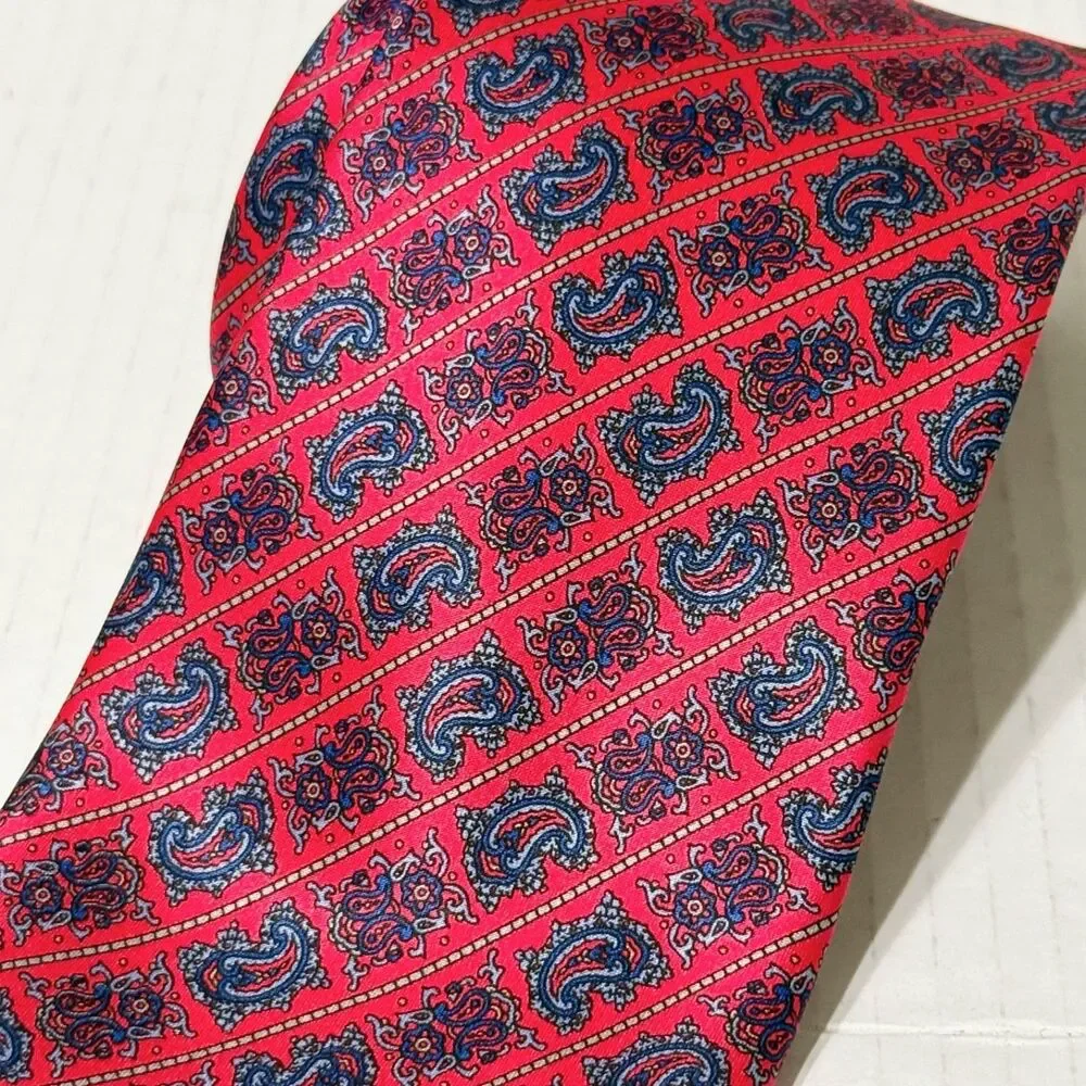 Stefano Ricci for Saks Fifth Avenue Tie Silk Vibrant Red Grid of Small Paisleys